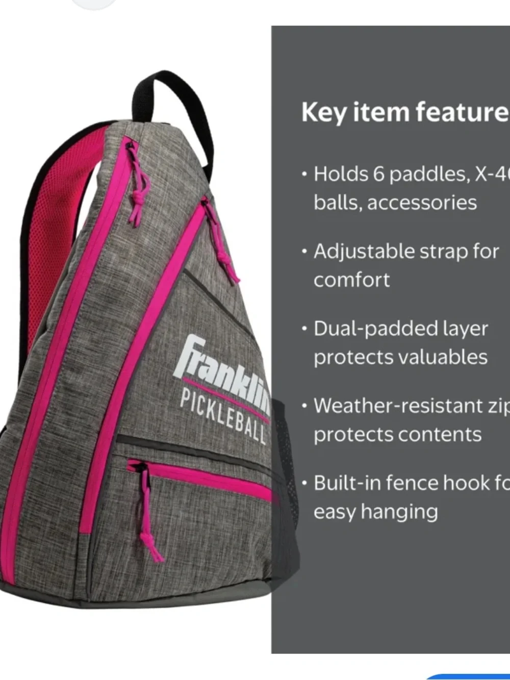 FRANKLIN SPORTS PICKLEBALL GREY/PINK/BLACK SLING BAG